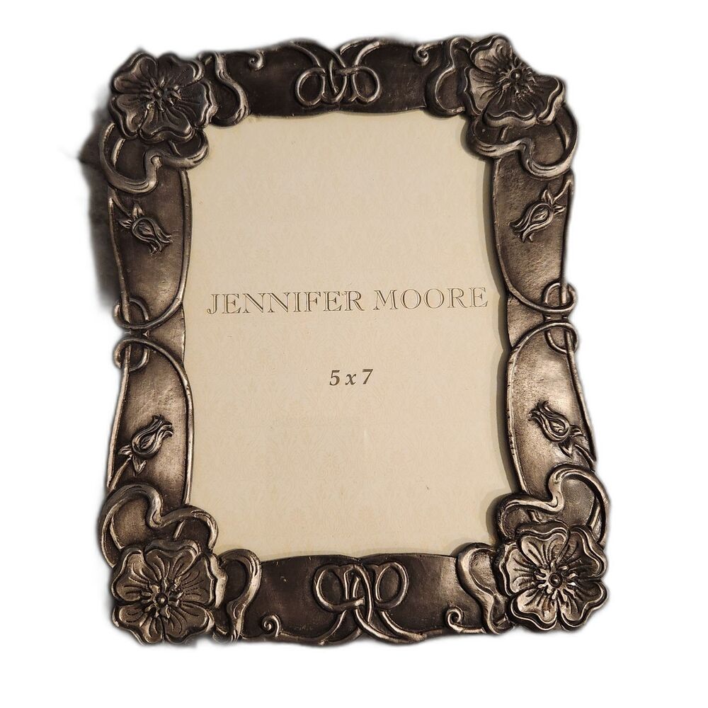 5x7 Vintage Pewter Floral Scroll Design Jennifer Moore Picture Frame READ